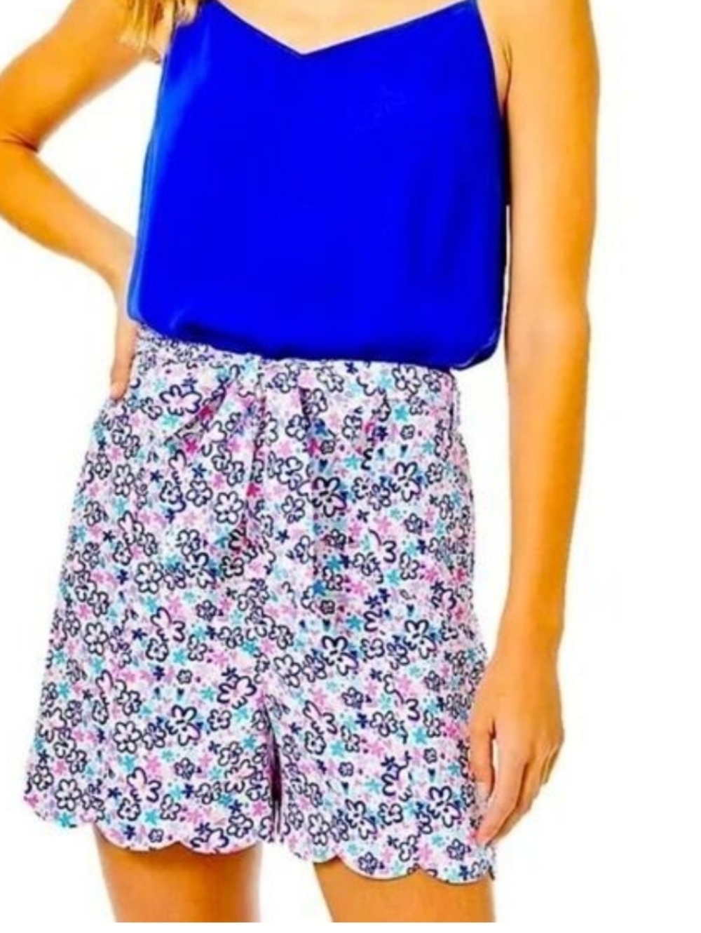 Lilly Pulitzer Bright Floral Scalloped Hem High Rise Shorts with Tie Belt